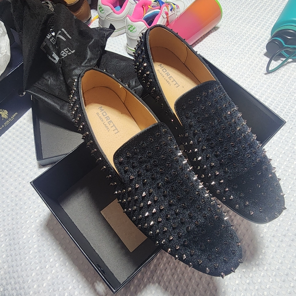 MORETTI BLACK LABEL NIB MENS SZ 12M SILVER STUDDED SPIKED LOAFER SHOES
